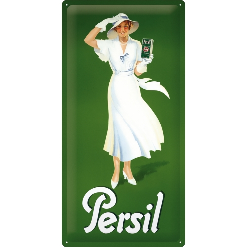 Blechpostkarte Persil weisse Dame mit rotem Schirm Blechschild 10cm x 14,5cm # 